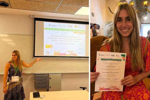 Imágenes de la estudiante premiada durante su exposición y tras recoger el reconocimiento.